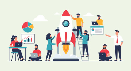 Naklejka premium Team launching a rocket, working on laptops, and viewing charts, symbolizing business startup and growth.