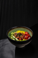 Poke bowl with salmon and vegetables isolated for menu
