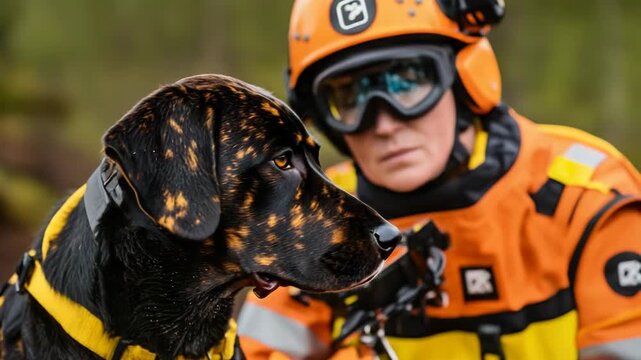 selective focus professional rescue dog handler guiding highly trained search and rescue dog