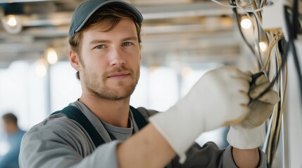 Worker repairs light fixture wiring inside workspace while wearing protective gloves, symbolizing safe maintenance, accurate electricity handling, professional repair work, and reliable indoor