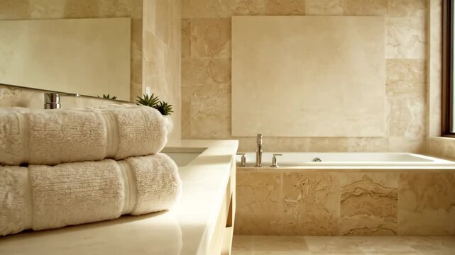 Modern Bathroom Interior with Towels - A luxurious modern bathroom featuring marble tilework and a stack of fresh white towels.