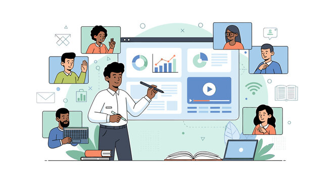 Illustration of a man presenting data charts on a screen during a video conference with several participants.