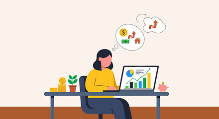 A woman sits at a desk, analyzing financial data on a laptop, dreaming of investments.