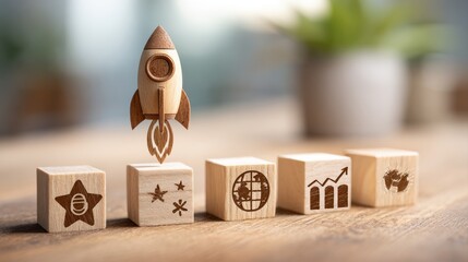 Rocket launching from wood cube with business icon, Start-up, Creativity, Big idea, Business goals management, Investment on new project to wealth, Company strategy target, Sustainable financial plan