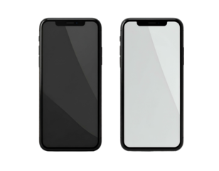 Two modern smartphones, one with a black screen and the other with a blank white screen