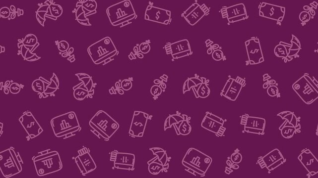 A repeating pattern of financial and business-related icons on a purple background.