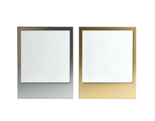 Two square-shaped frames, one silver, one gold, with blank white space centered