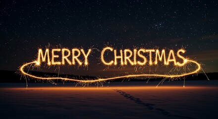 Merry Christmas Sparkler Message in Snowy Landscape winter night star holiday celebration festive season greeting text light outdoor