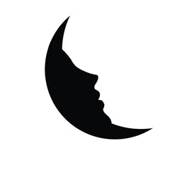 A black silhouette of a crescent moon with a human face profile on a white background design art
