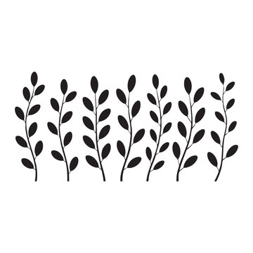 Black silhouette of delicate branches with oval leaves on white background leaf
