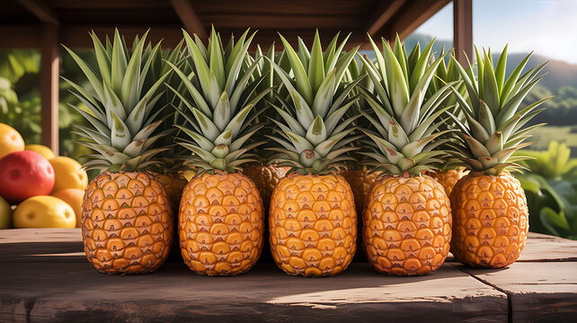 Ripe pineapples displayed at tropical fruit market stall