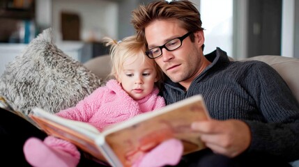 Father and young daughter sitting on a sofa reading a picture book together at home