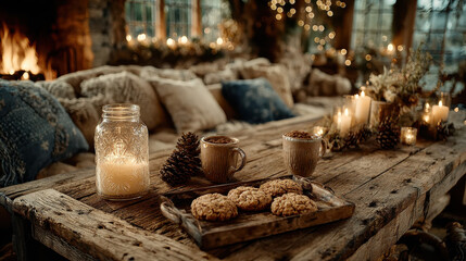 Christmas scene with flickering candles and steaming mugs on wooden table