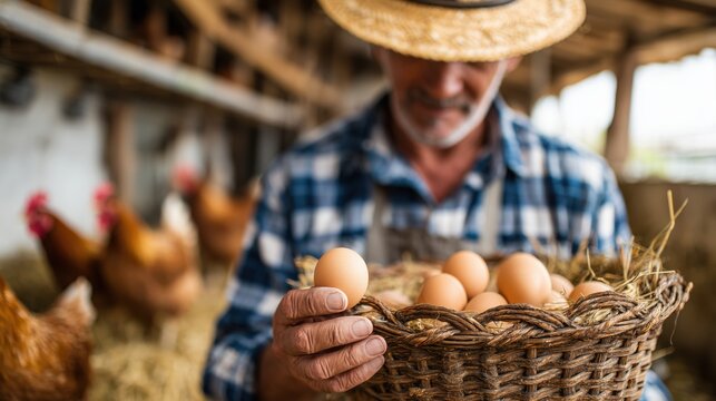 Senior farmer holding a basket of fresh eggs in a chicken coop on a rural farm