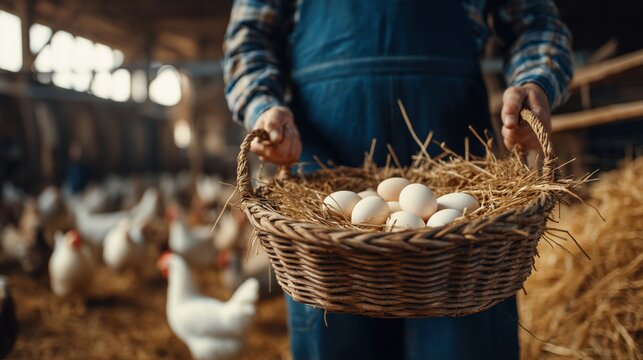 Farmer in overalls holding a basket of white eggs inside a bustling chicken barn