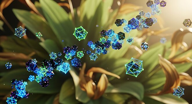 Digital organic fusion: glowing geometric particles interact with plant