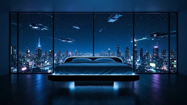 Futuristic bedroom featuring a modern levitating bed with ambient lighting, offering a panoramic view of a cyberpunk city skyline and star-filled night sky with flying spaceships
