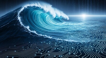 Digital ocean wave with glowing circuit patterns representing data flow and technology