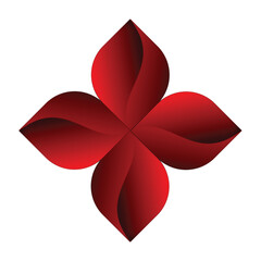 A stylized red flower design with four petals arranged in a symmetrical pattern on a white background