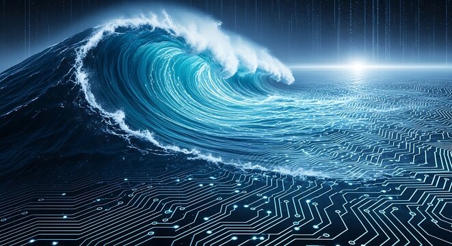 Digital ocean wave with glowing circuit patterns representing data flow and technology - Powered by Adobe