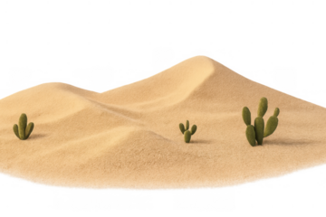 Desert sand dune landscape with small cactus plants growing, creating an arid desert environment, isolated on transparent background