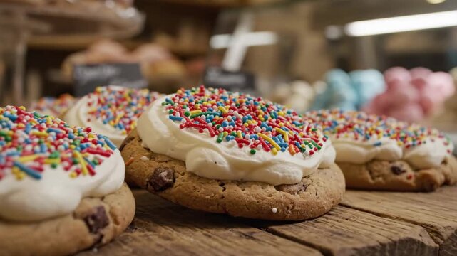 Cookies with Sprinkles - This shot showcases a row of freshly baked chocolate chip cookies, each topped with a generous swirl of white frosting and a vibrant assortment of colorful sprinkles.