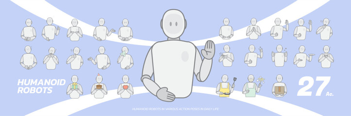 Humanoid robots in various action poses in daily life 27 action. 