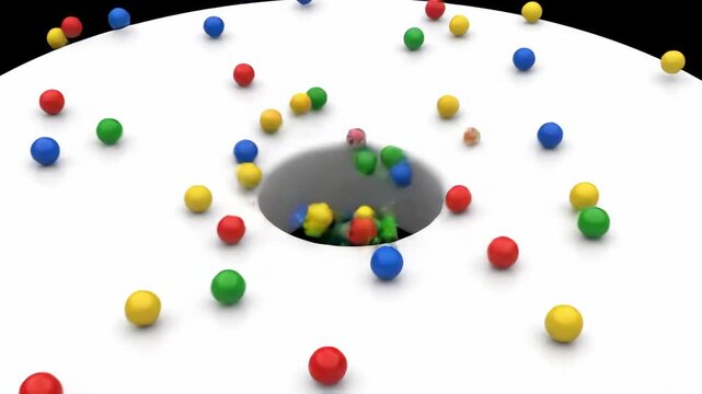 Numerous vibrant blue, green, red, and yellow spheres are gravitating in a circular spiral movement on a white surface, converging towards a central dark hole