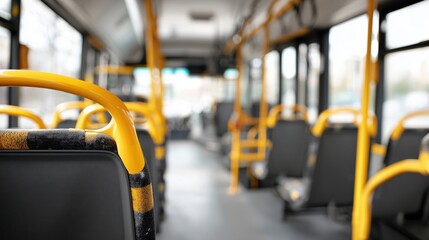 Interior view of an empty city bus with yellow handrails and seats