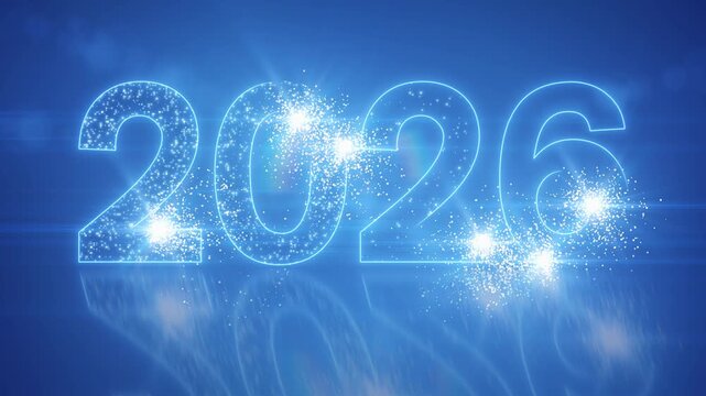 Video animation of abstract neon light with the numbers 2026 on a reflective floor against a blue background - represents the new year - vacation concept.