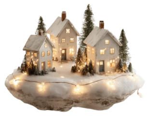 Winter Village Display: Miniature houses nestled in a snowy landscape, illuminated by soft lights. Evoking a sense of warmth, coziness, and the charm of a winter wonderland.