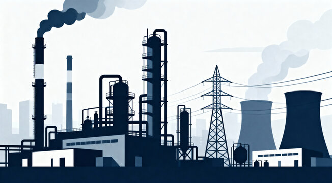 vector illustration of tower gas plant background flat design industry concept icon refinery architecture engineering element factory smoke electricity building silhouette modern power station