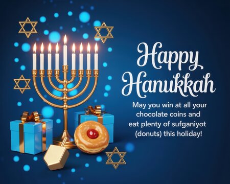 Happy hanukkah greeting card with menorah, gifts, sufganiyot donuts, and star of david decorations on a dark blue background - Powered by Adobe