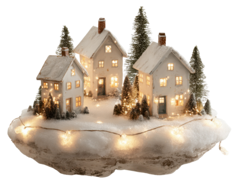Winter Village Display: Miniature houses nestled in a snowy landscape, illuminated by soft lights. Evoking a sense of warmth, coziness, and the charm of a winter wonderland.