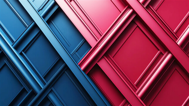 Abstract geometric pattern with blue and magenta 3D rectangular shapes. Modern architectural design with pink and navy structural elements creating dynamic grid composition with shadows.