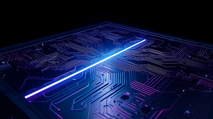 Futuristic Circuit Board with Glowing Blue and Purple Lines, High Tech Electronic System, Abstract Technology Background, Artificial