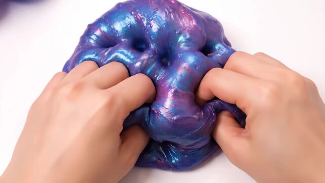 Hand pressing into a vibrant, shimmering galaxy-colored slime with iridescent glitter, creating a satisfying tactile and sensory experience on a clean white surface