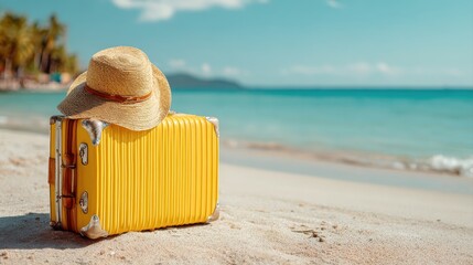Ready for a Summer vacation. Yellow Suitcase at The Tropical Beach with Straw Hat. Summer vacation