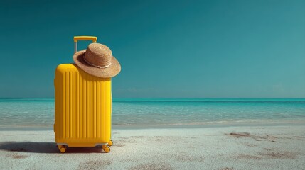 Ready for a Summer vacation. Yellow Suitcase at The Tropical Beach with Straw Hat. Summer vacation