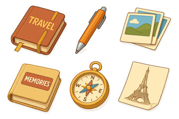 Travel and memories - journey notebook, compass, pen, photos, eiffel tower sketch