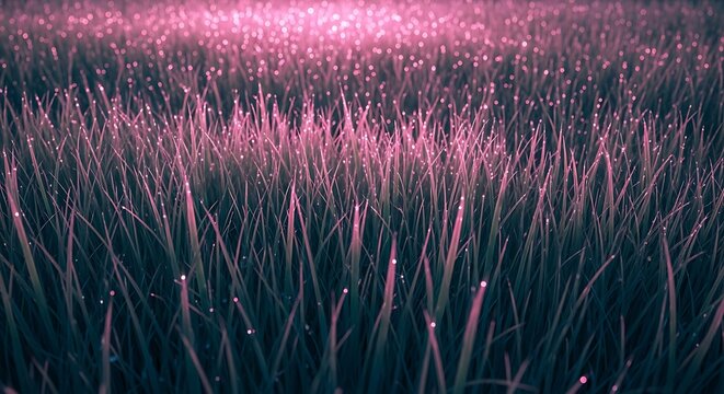Pink glow on morning dew drops on lush green grass field at sunrise