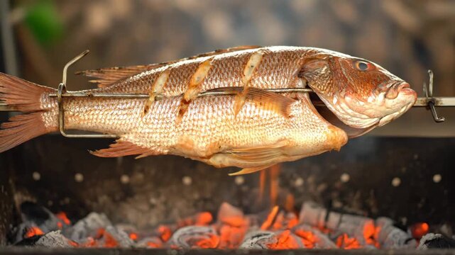Whole snapper fish cooking over glowing charcoal embers on a rotisserie, creating a delicious seafood meal perfect for outdoor grilling and healthy eating