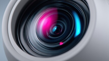 Extreme close-up of a camera lens with colorful light reflections