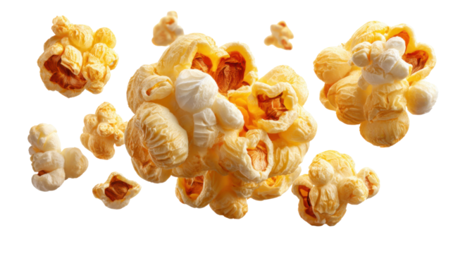 Exploding Popcorn: A close-up shot of a cluster of perfectly popped popcorn kernels, showcasing their fluffy texture and delicious appearance.