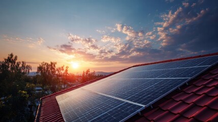 Photo collage of solar panels, photovoltaics on the red roof of a house and a beautiful sky with the setting sun. Alternative electricity source. Concept of sustainable resources