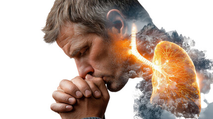 Silent Plea: The image depicts a man with folded hands, his face etched with concern, suggesting introspection and a plea for health.