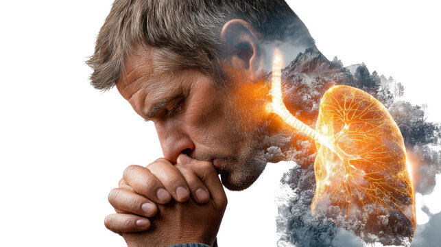 Silent Plea: The image depicts a man with folded hands, his face etched with concern, suggesting introspection and a plea for health.