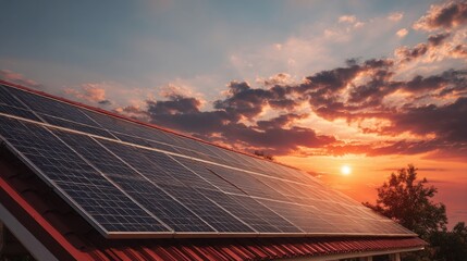 Photo collage of solar panels, photovoltaics on the red roof of a house and a beautiful sky with the setting sun. Alternative electricity source. Concept of sustainable resources