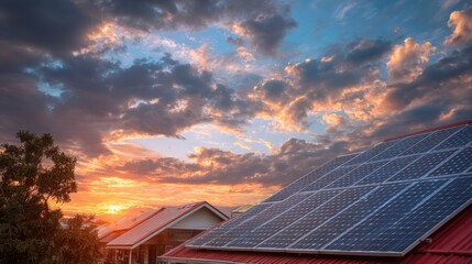 Photo collage of solar panels, photovoltaics on the red roof of a house and a beautiful sky with the setting sun. Alternative electricity source. Concept of sustainable resources