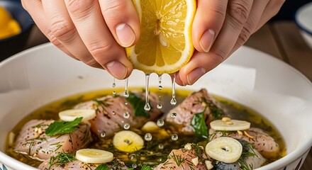 Citrus infusion on fish with marinade, drizzling lemon flavor essence